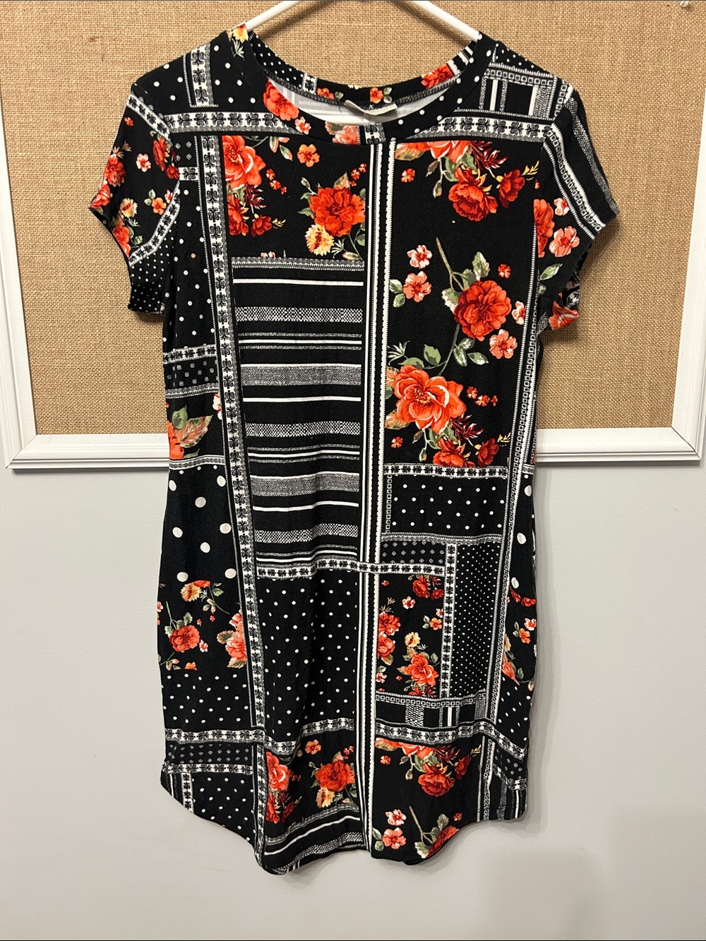 Bobbie Brooks Black dress with Orange-Red Floral Patchwork